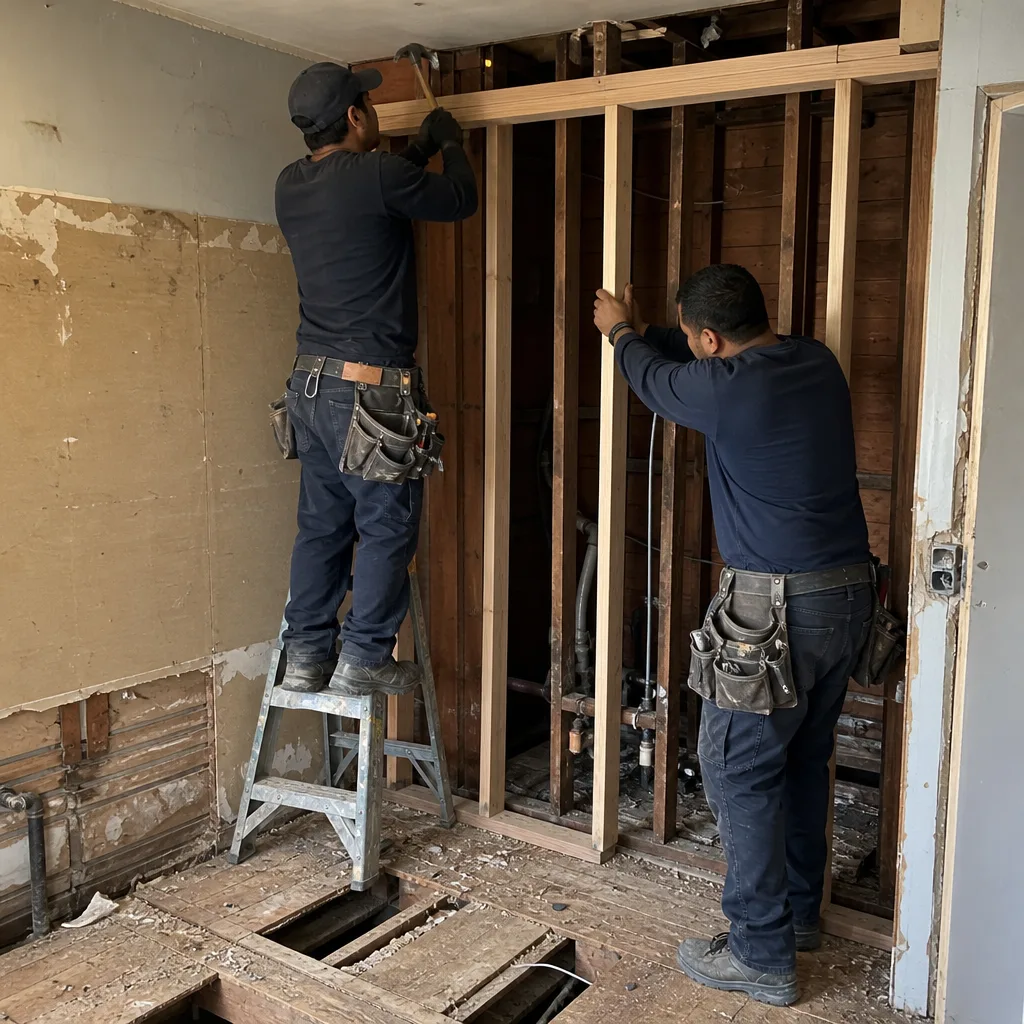 Two construction workers framing a new interior wall for bathroom remodeling
