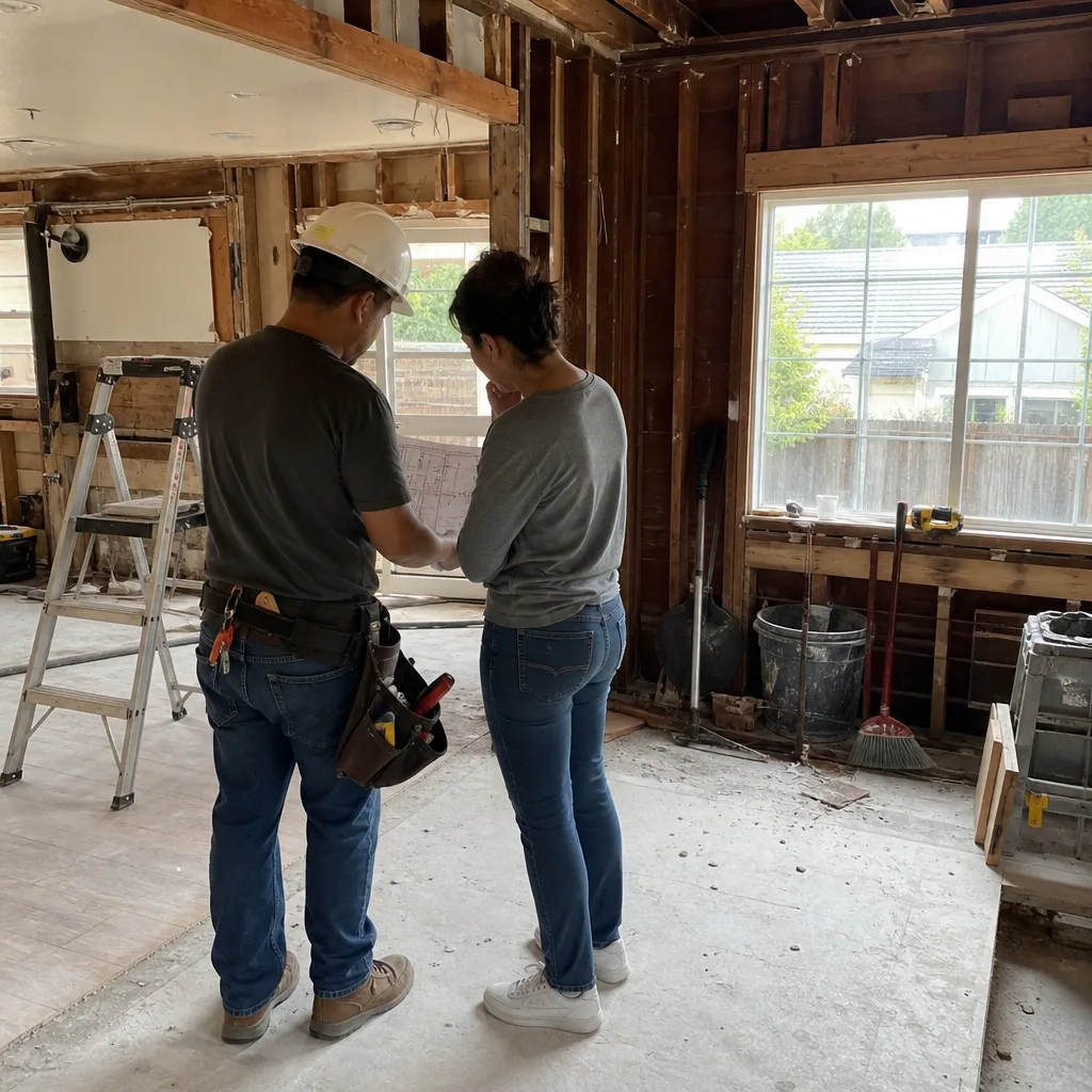 General contractor and client reviewing house renovation blueprints on a construction site