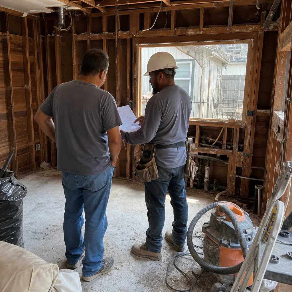 General contractors reviewing construction blueprints during a home renovation project