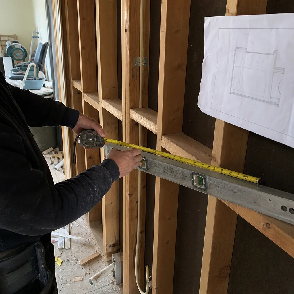 General contractor measuring wall studs with tape measure and level