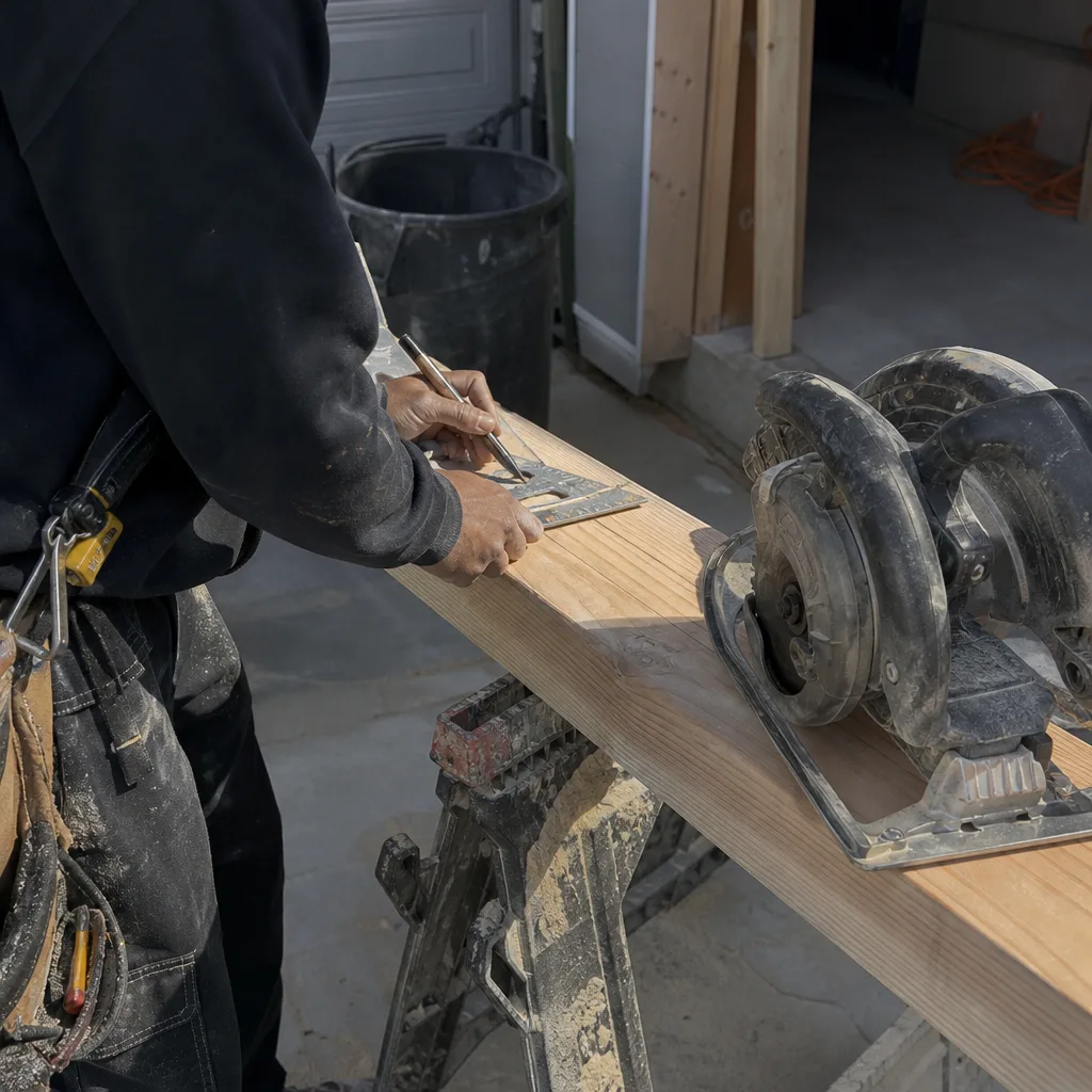 Construction professional marking a wooden board during home renovation